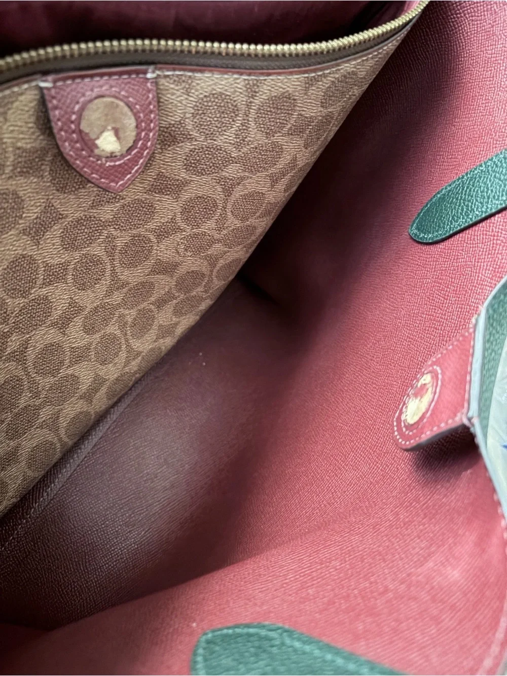 Coach Forest Green Leather Tote with Burgundy Interior and Gold Hardware